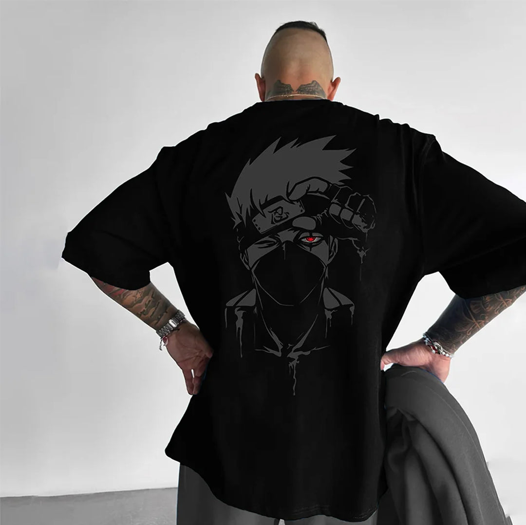 Iconic Anime-Inspired Eye Graphic Oversized Men's Black Cotton Streetwear Tee