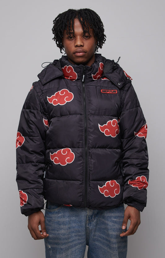 Akatsuki Red Puffer Jacket: Detachable Hooded Water-Repellent Anime Outerwear