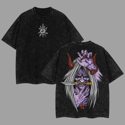 Ancient Prajna Demon Graphic Washed Tee - Unisex Streetwear Cotton Shirt