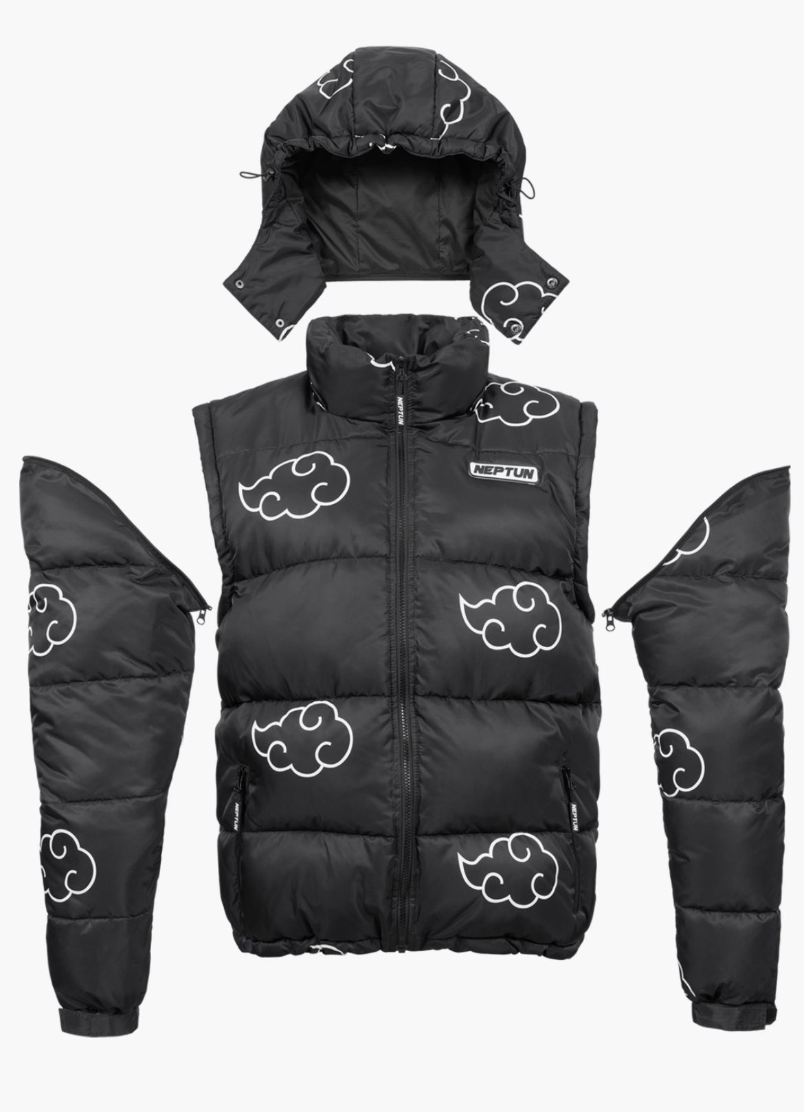 Akatsuki White Puffer Jacket: Detachable Sleeves & Hood, Water-Repellent Anime Style
