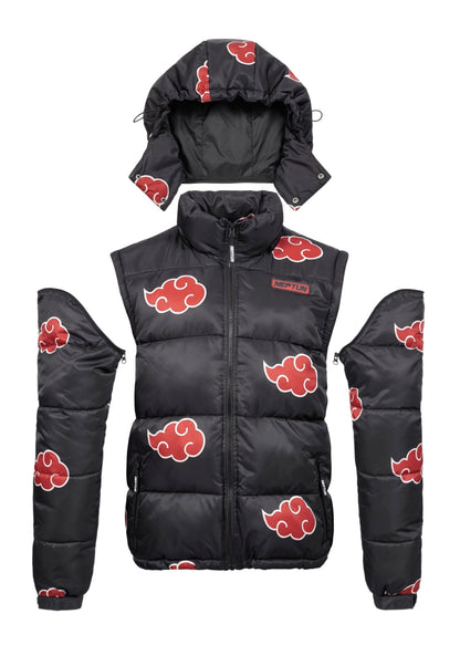 Akatsuki Red Puffer Jacket: Detachable Hooded Water-Repellent Anime Outerwear