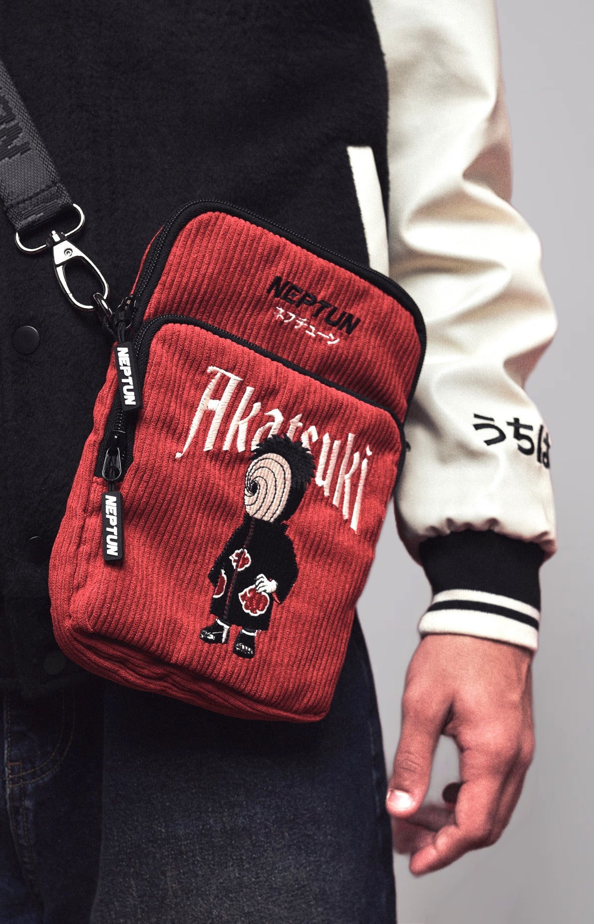 Official Naruto Akatsuki Obito Embroidered Corduroy Crossbody Bag with Zipper Pocket