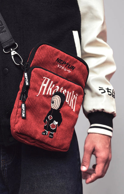 Official Naruto Akatsuki Obito Embroidered Corduroy Crossbody Bag with Zipper Pocket