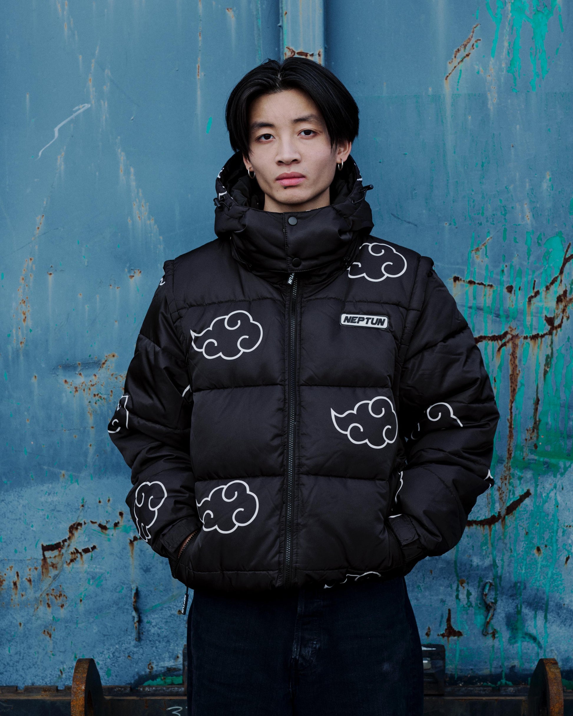 Akatsuki White Puffer Jacket: Detachable Sleeves & Hood, Water-Repellent Anime Style