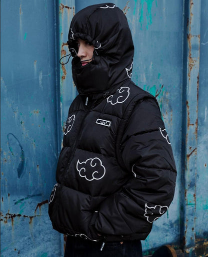 Akatsuki White Puffer Jacket: Detachable Sleeves & Hood, Water-Repellent Anime Style