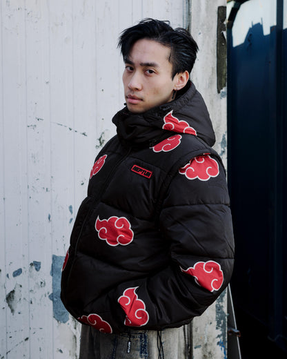 Akatsuki Red Puffer Jacket: Detachable Hooded Water-Repellent Anime Outerwear
